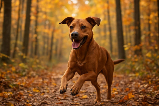 Aktiver Hund läuft im herbstlichen Wald mit bunten Blättern